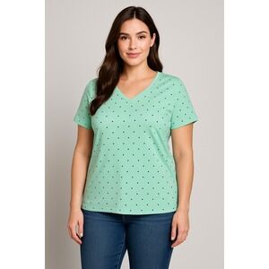 Croft & Barrow Classic Tee Womens Plus Size 1X Top Green Polka Dot‎ Minimalist